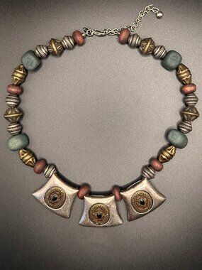 Boho Tribal Statement Necklace Wood Beads Gold Tone Ethnic Bib Adjustable